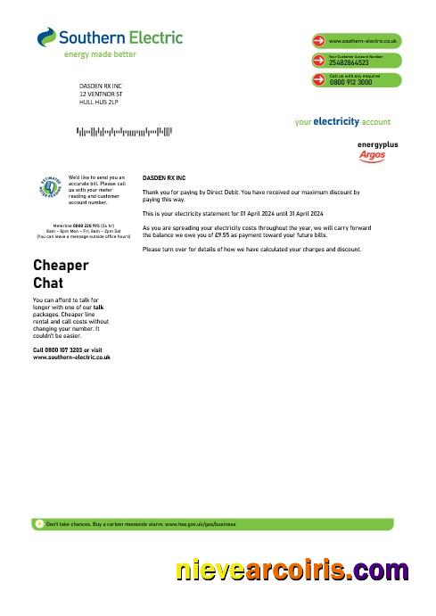 United Kingdom Southern Electric proof of address business utility bill